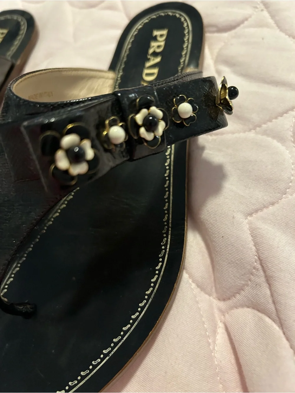 Prada Black Leather Thong Sandals with Pearl & Gold Accents